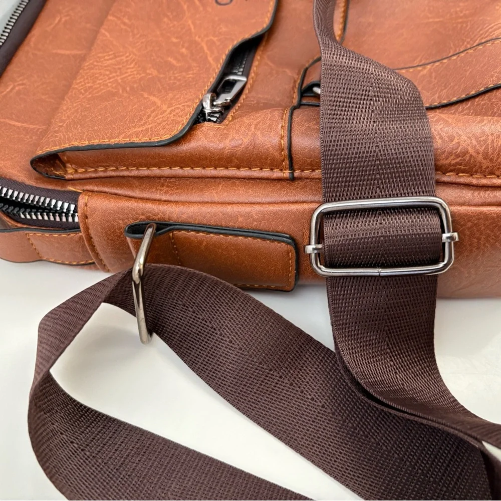 NWOT CarlKimu Brown Mens Crossbody Shoulder Bag Faux Leather Business Casual.